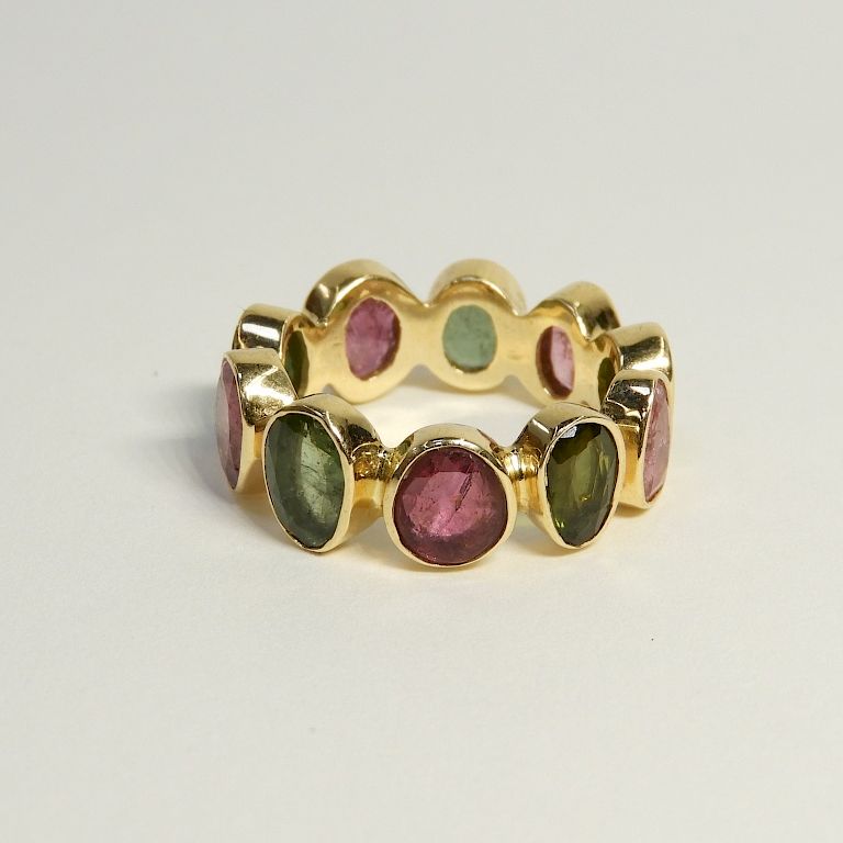 Appraisal: K Yellow Gold Tourmaline Banded Ring th Century Ten multi