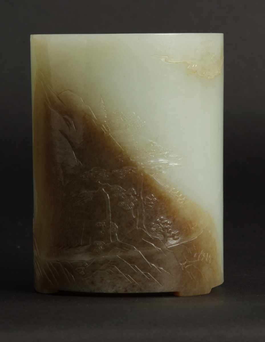 Appraisal: Fine Chinese Jade Brush Pot Incised mountain landscape design Condition