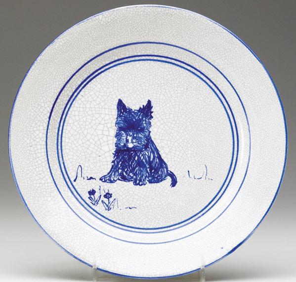 Appraisal: DEDHAM Crackleware rare Scottie Dog plate Indigo Registered stamp impressed