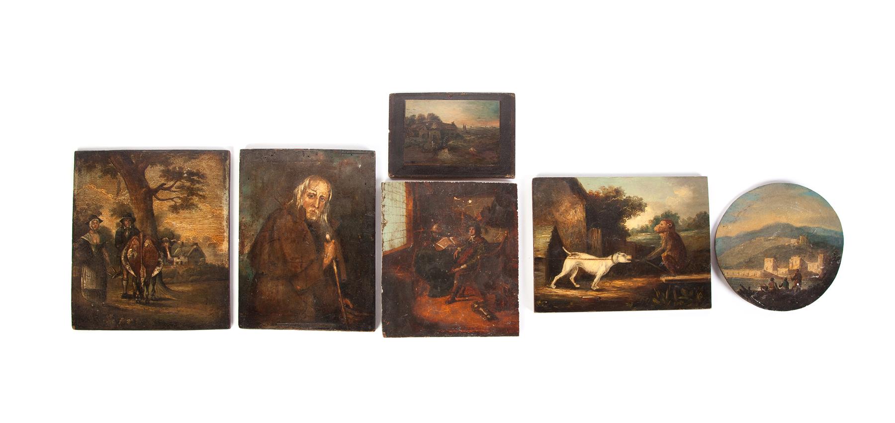 Appraisal: SIX EUROPEAN OIL ON PANEL PAINTINGS Nineteenth century Aged gentleman