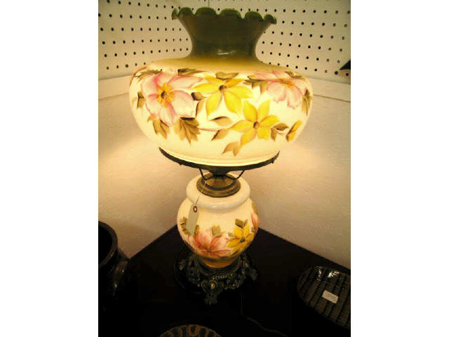 Appraisal: Banquet Lamp handpainted milk glass matching shade base