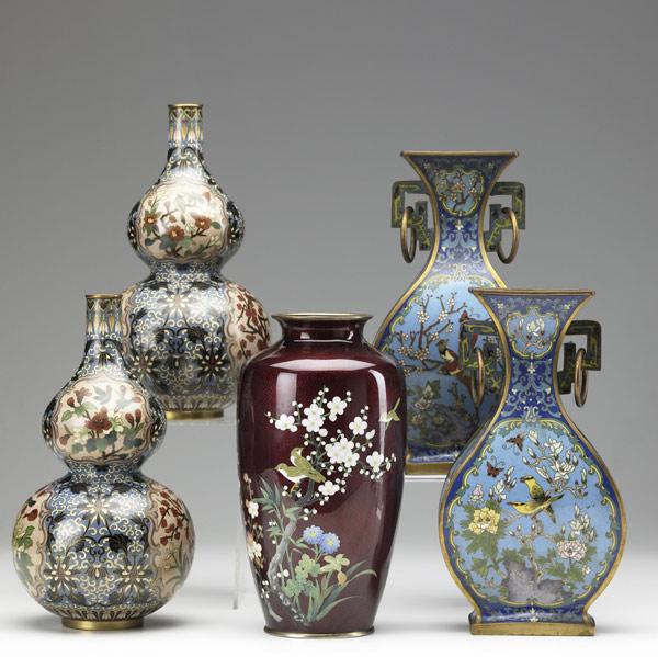 Appraisal: Five cloisonne vases pair with bird decoration and ring handles