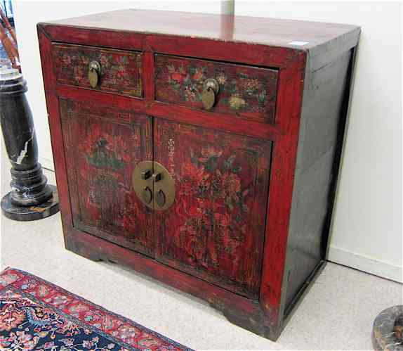 Appraisal: MONGOLIAN PAINT-DECORATED SIDE CABINET of wood construction with red and