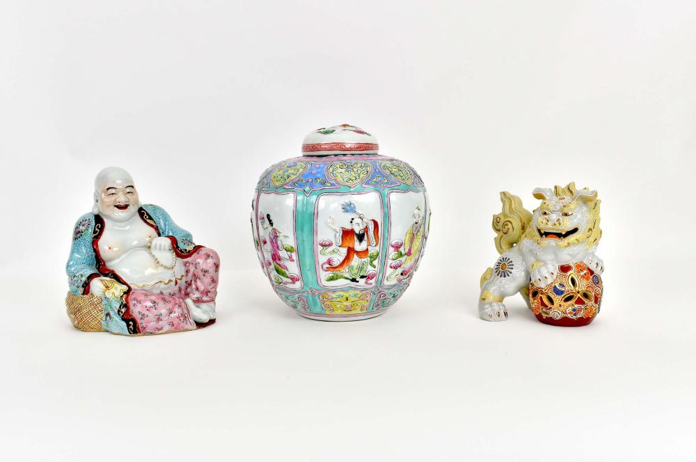 Appraisal: THREE ASIAN PORCELAIN TABLE ITEMS th Century Comprising a Chinese