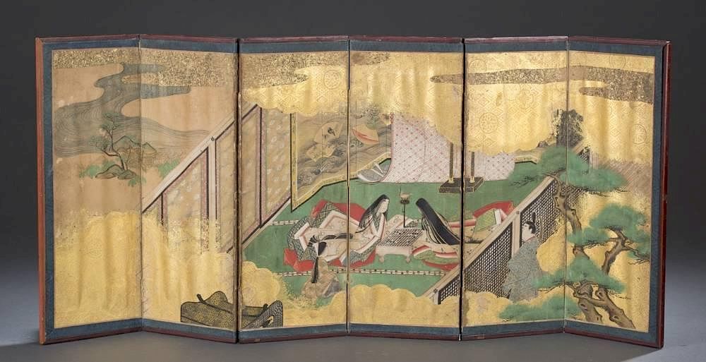 Appraisal: Japanese six panel Tosa-style screen A Japanese six panel Tosa-style