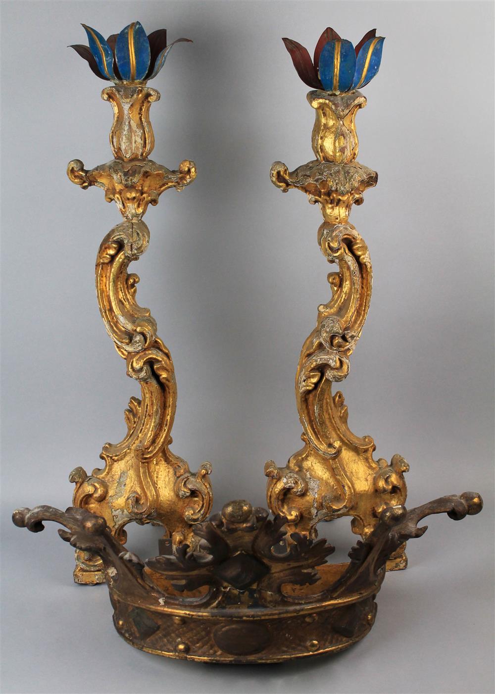 Appraisal: PAIR OF CARVED PAINTED WOOD CANDLEHOLDERS TOGETHER WITH CARVED AND