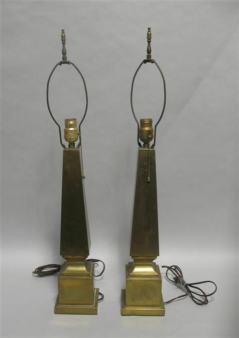 Appraisal: PAIR OF BRASS OBELISK LAMPS Each fashioned with a needle