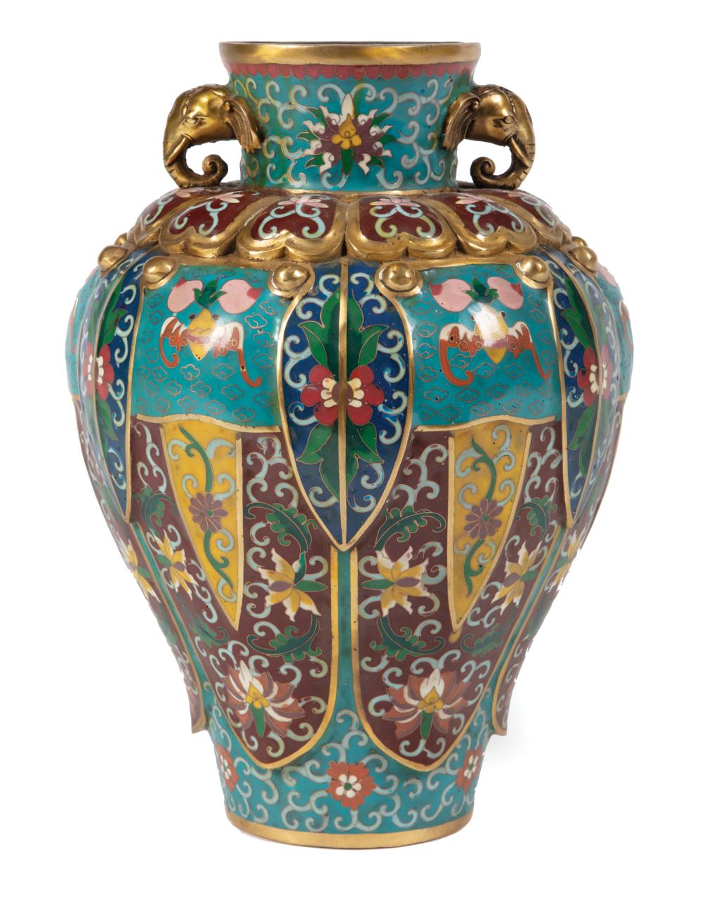 Appraisal: Chinese Cloisonne Enamel Vase gilt bronze elephant mask handles and