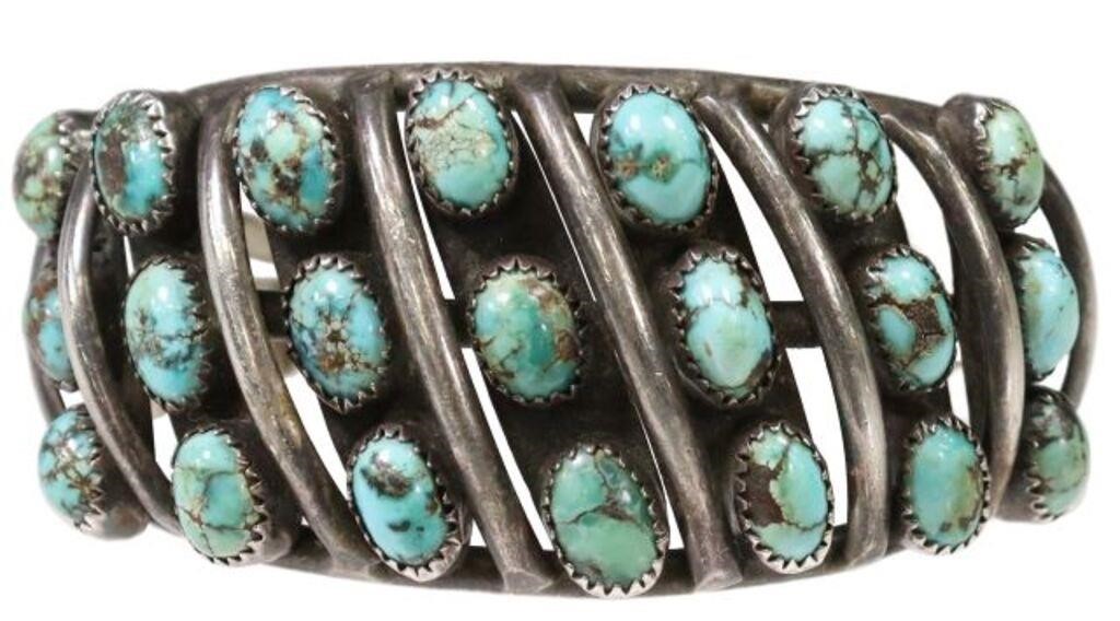 Appraisal: Native American silver content unknown and turquoise cuff bracelet seven