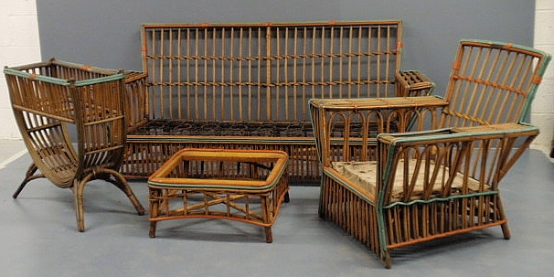 Appraisal: Set of vintage American rattan furniture with original polychrome accents-