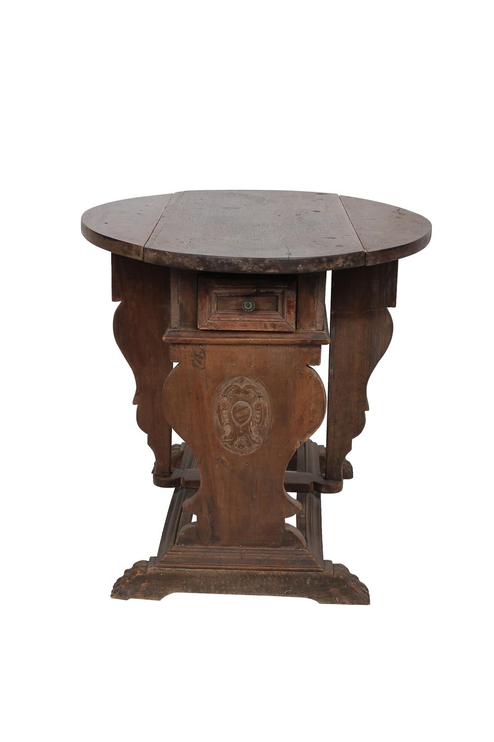 Appraisal: ITALIAN WALNUT DROP LEAF OCCASIONAL TABLEwith a single drawer Provenance