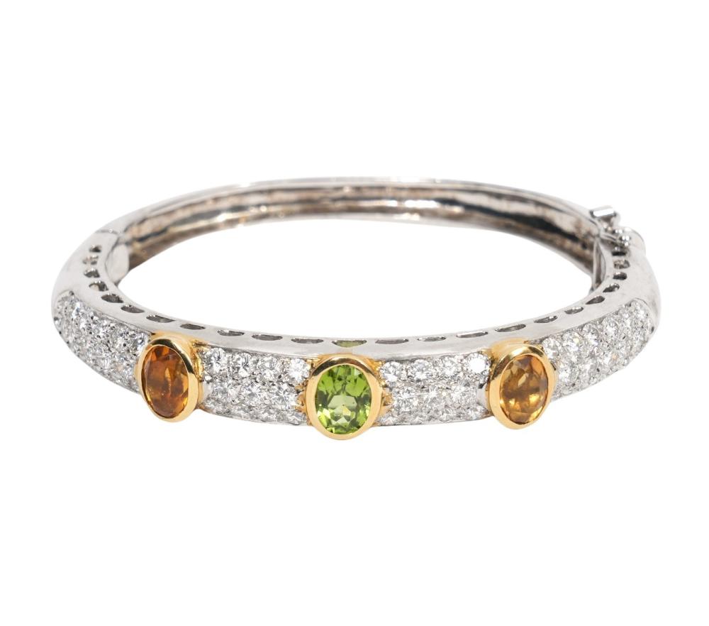 Appraisal: DIAMOND CITRINE PERIDOT K WG BANGLE BRACELET K white gold