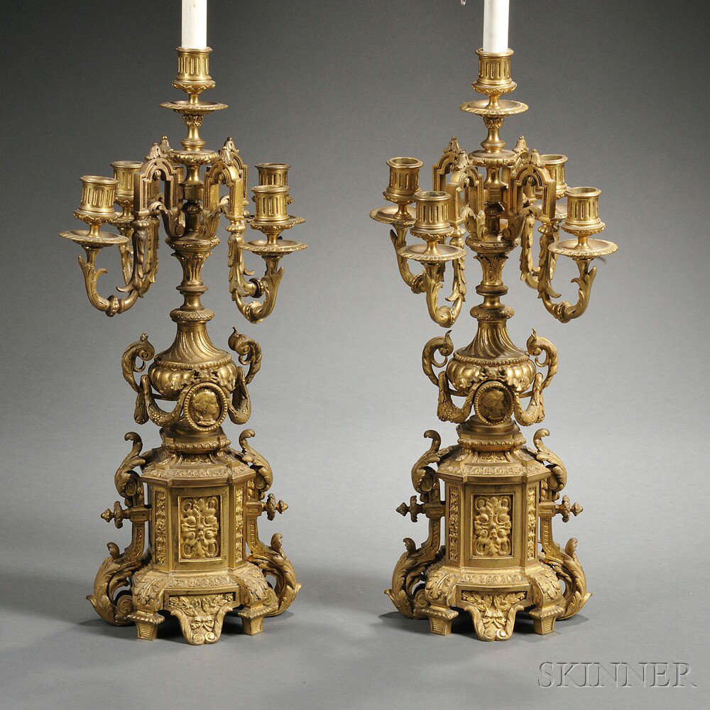 Appraisal: Pair of Louis XV-style Five-light Gilt-bronze Candelabra probably France th