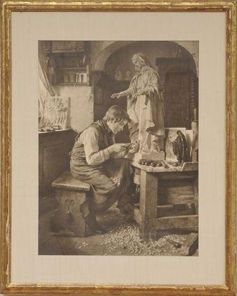 Appraisal: After Toby E Rosenthal Interior Scene with Wood Carver Print