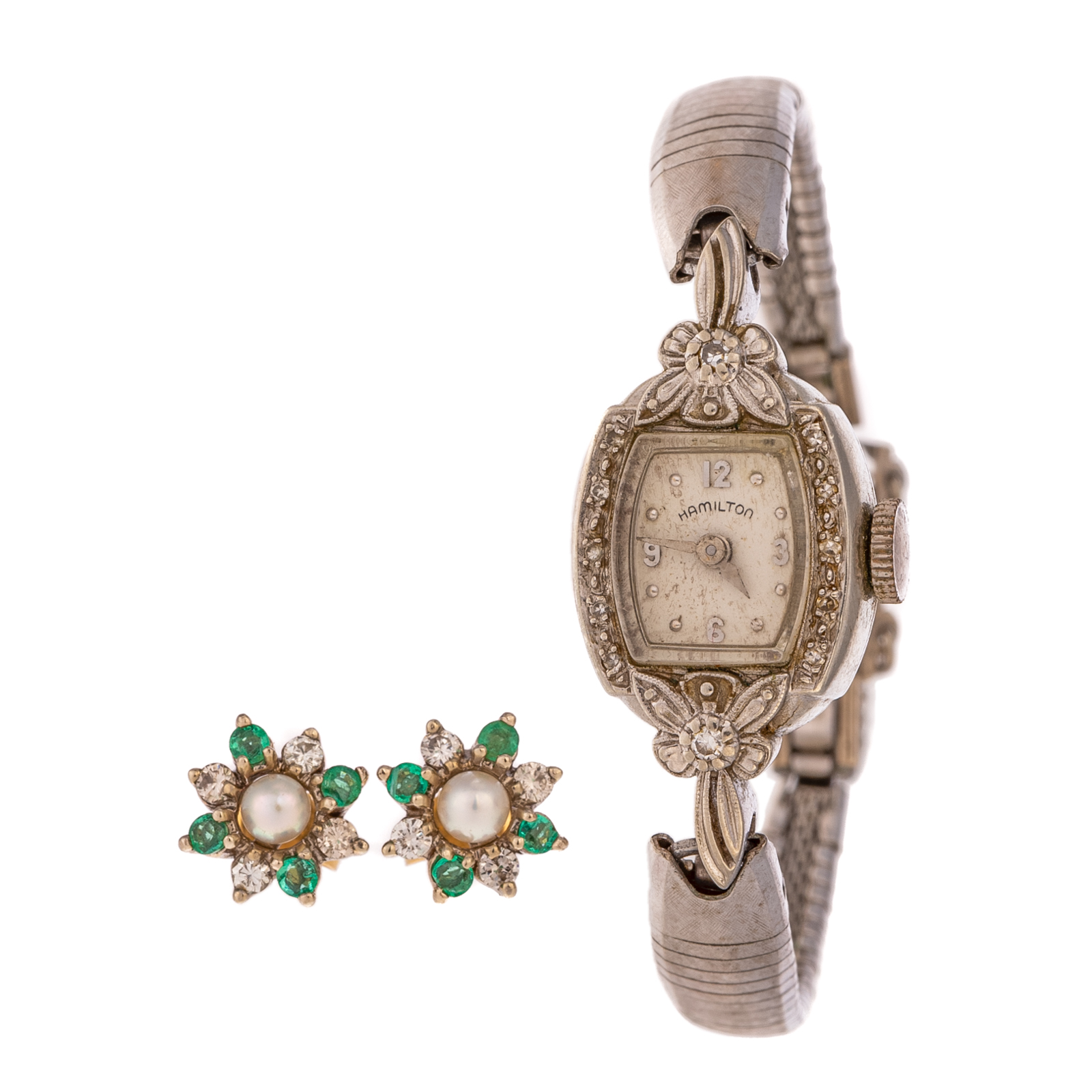 Appraisal: A VINTAGE HAMILTON WATCH STUD EARRINGS IN K K white