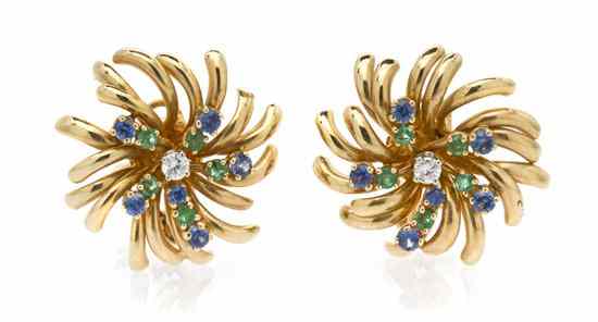 Appraisal: A Pair of Karat Yellow Gold Diamond Sapphire and Emerald