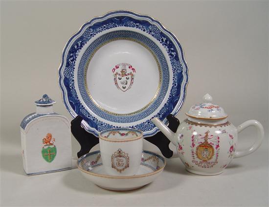 Appraisal: Chinese Export Porcelain armorial plate with blue border ex Elinor