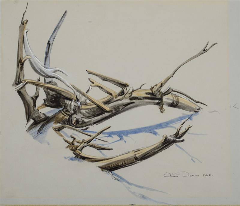 Appraisal: OLIN DOWS - BRANCHES IN SNOW Watercolor ink and gouache