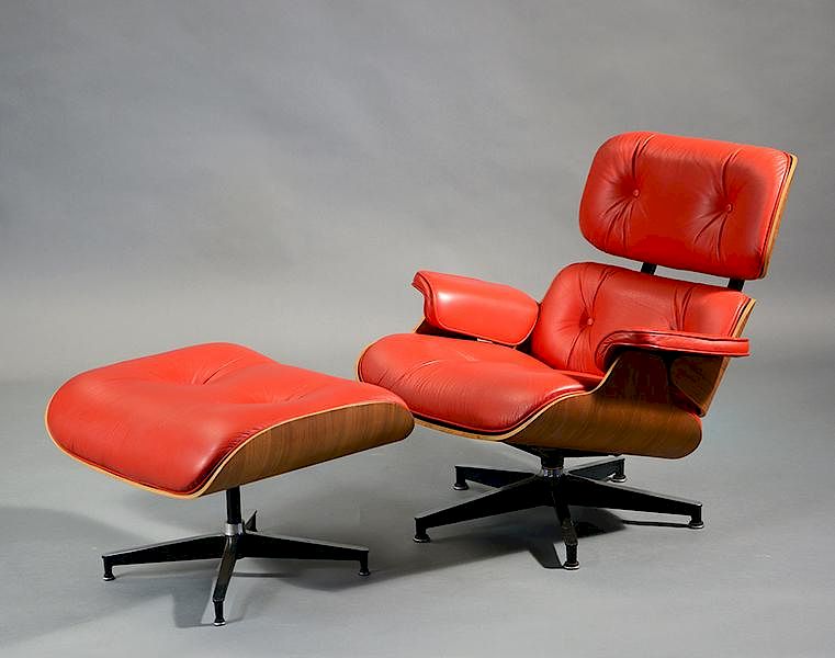 Appraisal: th C red leather and teak chair and ottoman th