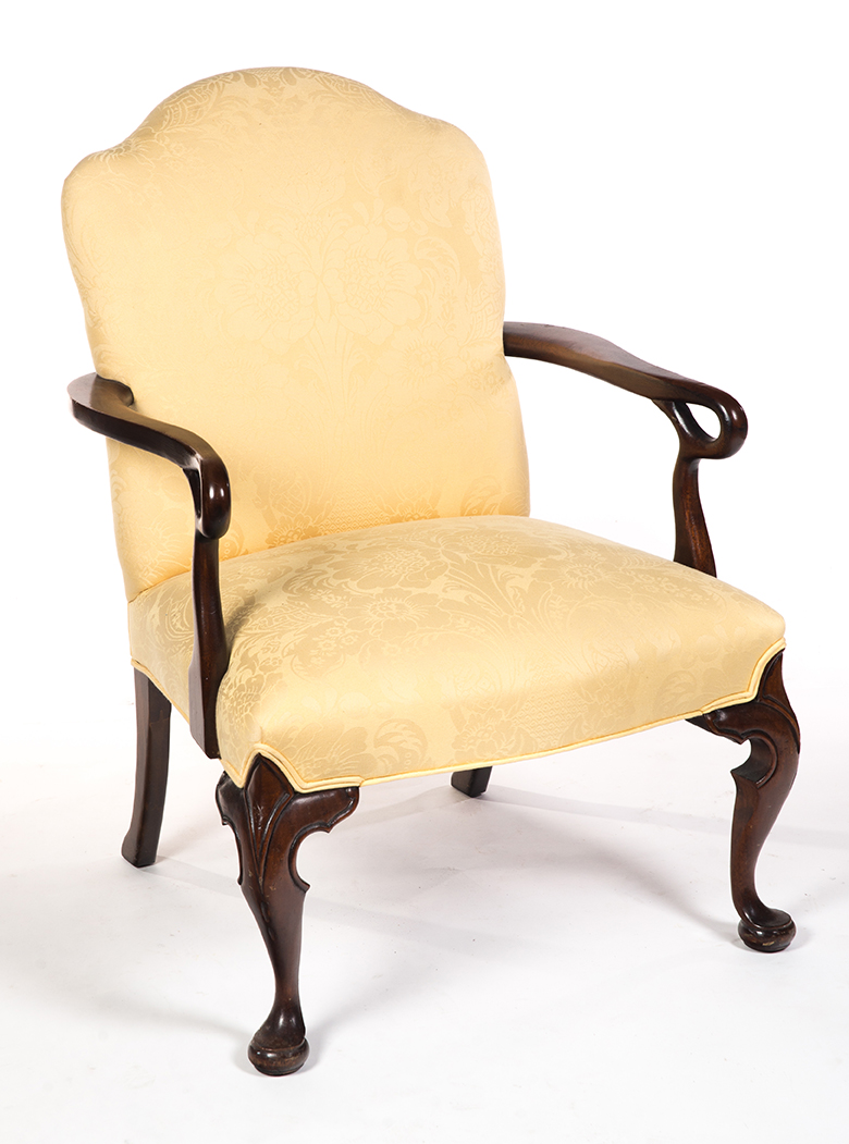 Appraisal: UPHOLSTERED QUEEN ANNE-STYLE ARMCHAIR American mid th century mahogany Open