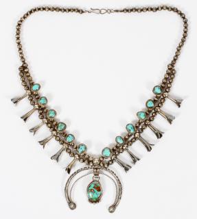 Appraisal: NAVAJO STERLING TURQUOISE SQUASH BLOSSOM NECKLACE NAVAJO STERLING TURQUOISE SQUASH