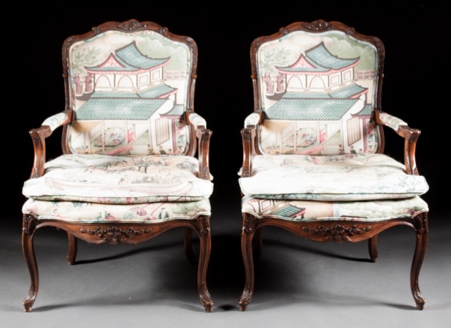 Appraisal: Pr of Louis XV style walnut upholstered armchairs th century