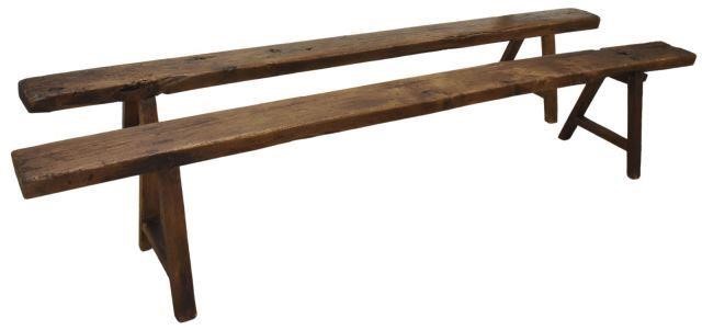 Appraisal: pair French Provincial fruitwood farmhouse trestle benches peg construction mortise