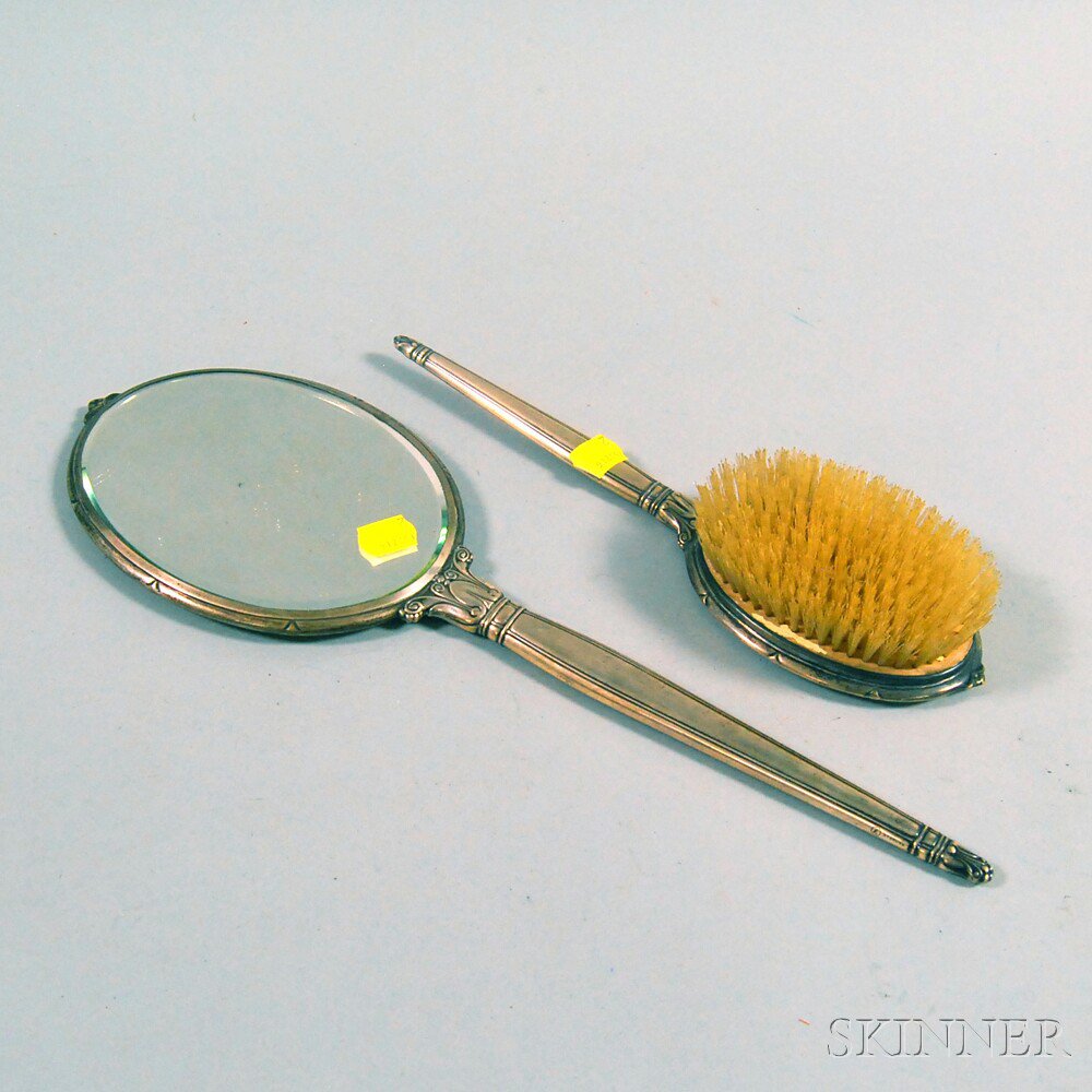 Appraisal: La Pierre Sterling Silver-mounted Hand Mirror and Hairbrush lg to