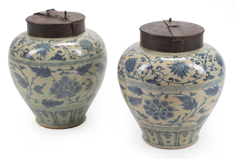 Appraisal: Pair of Chinese Iron-Mounted Blue and White Porcelain Tea Storage