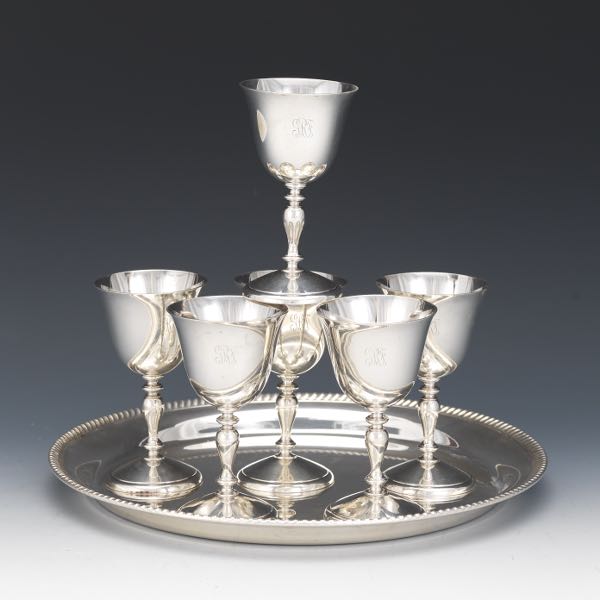 Appraisal: SIX JULIUS OLAF RANDAHL STERLING SILVER PORT GLASSES AND BALDWIN