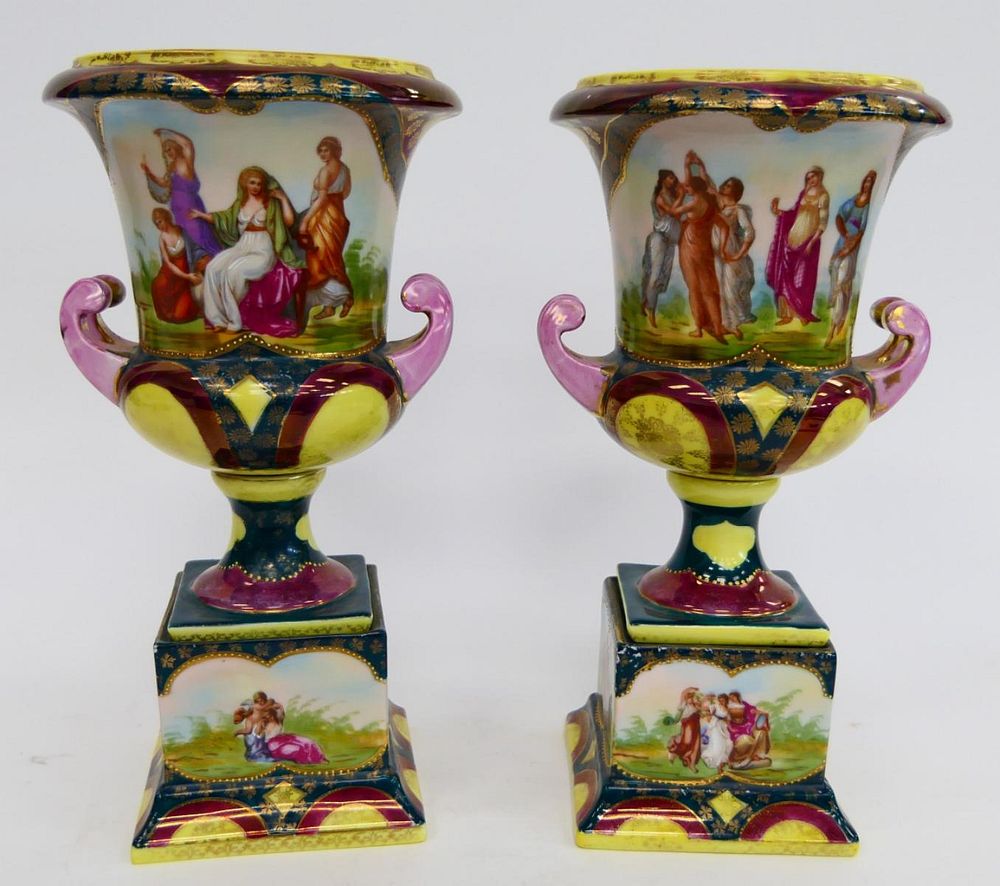 Appraisal: PAIR ROYAL VIENNA TRANSFER WARE PORCELAIN URNS PAIR ROYAL VIENNA