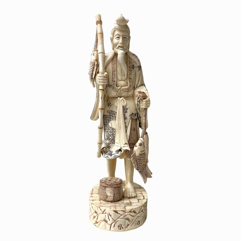 Appraisal: Chinese Hand Carved Bone Fisherman Sculpture Chinese Hand Carved Bone