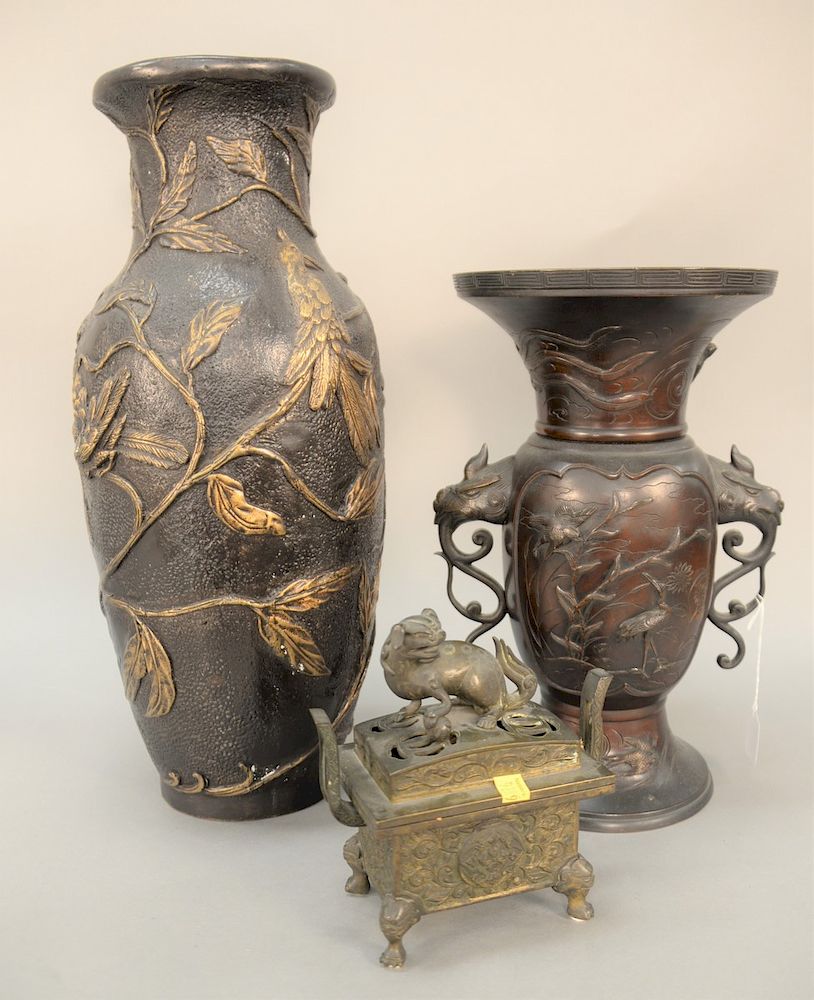 Appraisal: Three piece Chinese bronze censer mounted with lion ht in