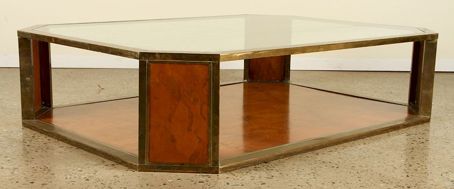 Appraisal: GLASS TOP BURL WOOD AND BRASS COFFEE TABLE C A