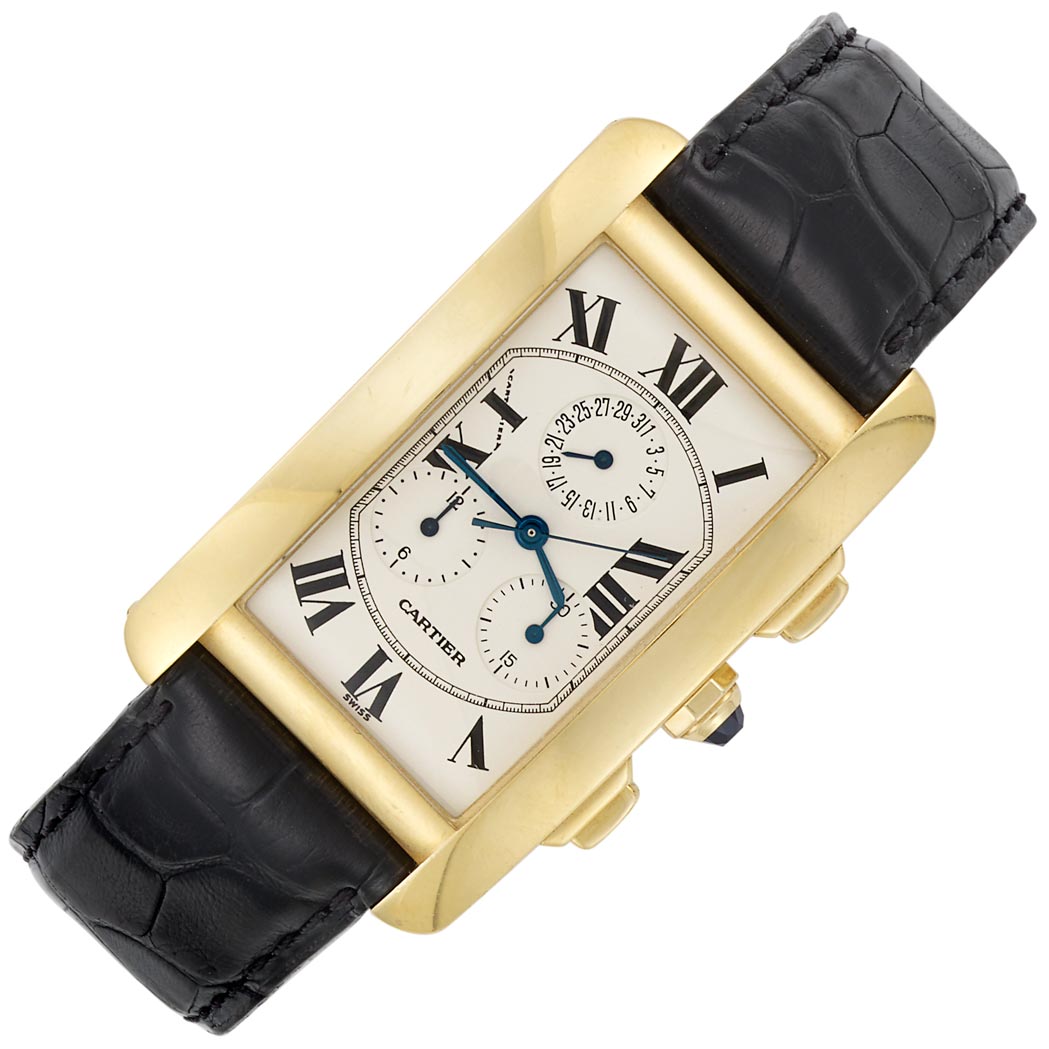 Appraisal: Gentleman's Gold 'Tank Americaine' Chronograph Wristwatch Cartier kt quartz push-button