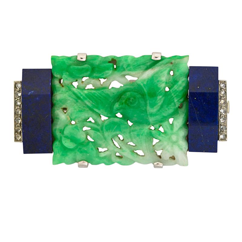 Appraisal: FRENCH ART DECO JADE AND LAPIS PLATINUM BROOCH Rectangular carved