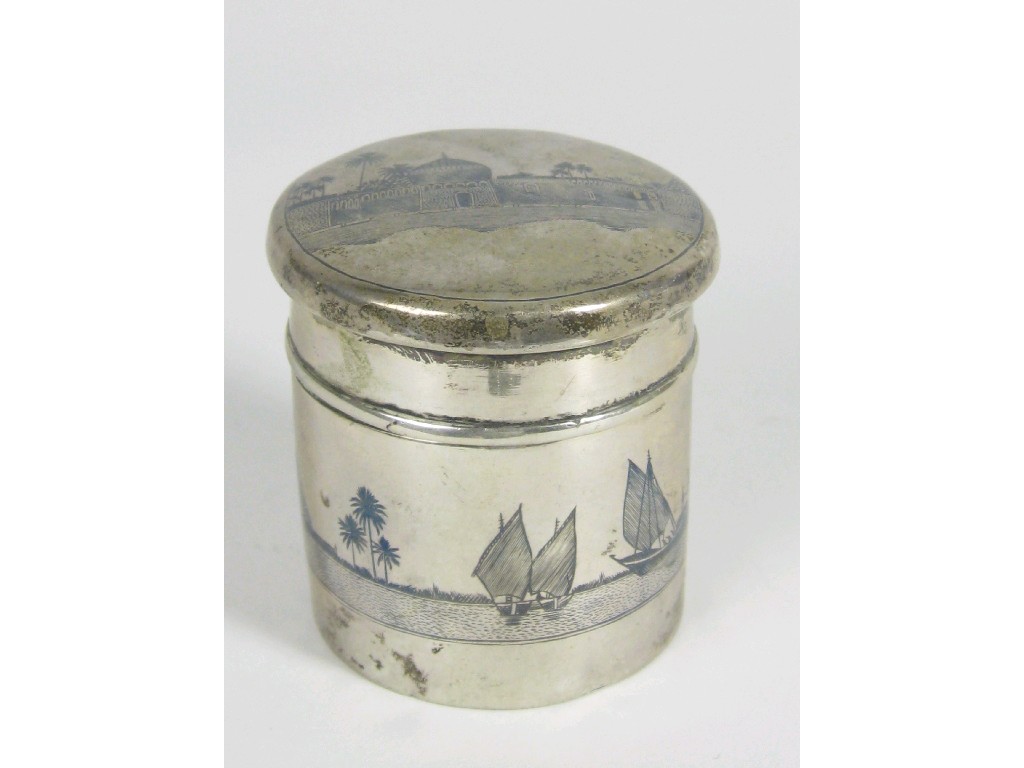 Appraisal: A Niello cylindrical lidded Box with frieze of temples etc