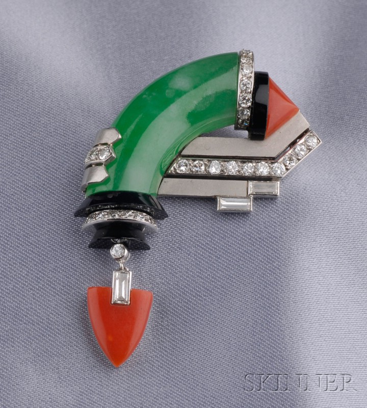 Appraisal: Art Deco Jadeite Coral Onyx and Diamond Pin composed of