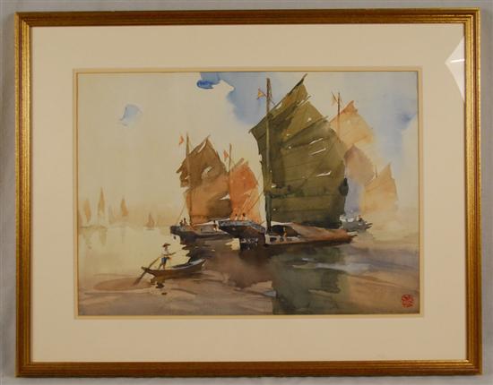 Appraisal: YANG YUN-LONG Chinese th century JUNKS IN HARBOR watercolor stamped