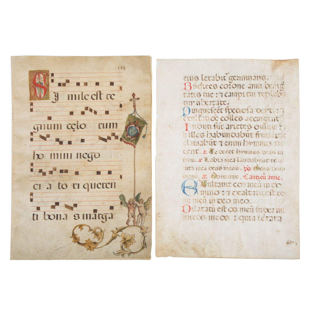 Appraisal: Three leaves from Italian Antiphonal th c three large folio