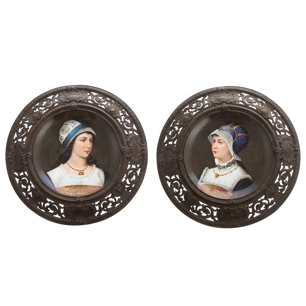 Appraisal: Pair Bronze Framed Porcelain Portrait Bowls th century probably French