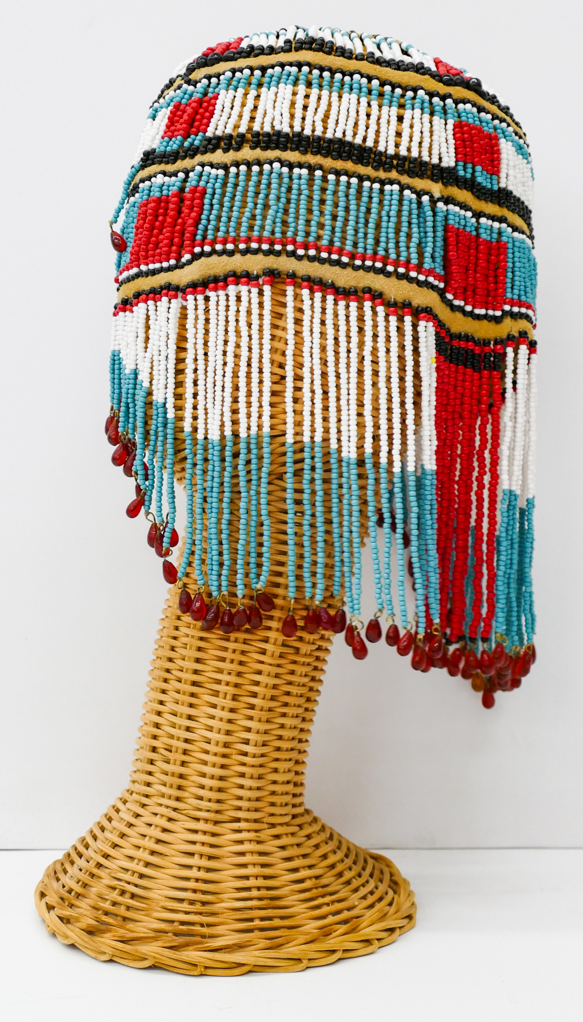 Appraisal: Beaded Native Hat on Wicker Stand ''