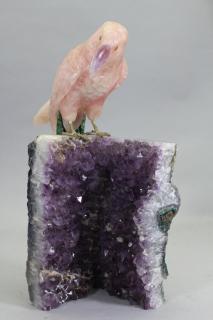 Appraisal: Carved Rose Quartz Parrot on Amethyst Geode Carved Rose Quartz