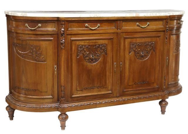 Appraisal: French marble-top walnut breakfront sideboard early th c having shaped