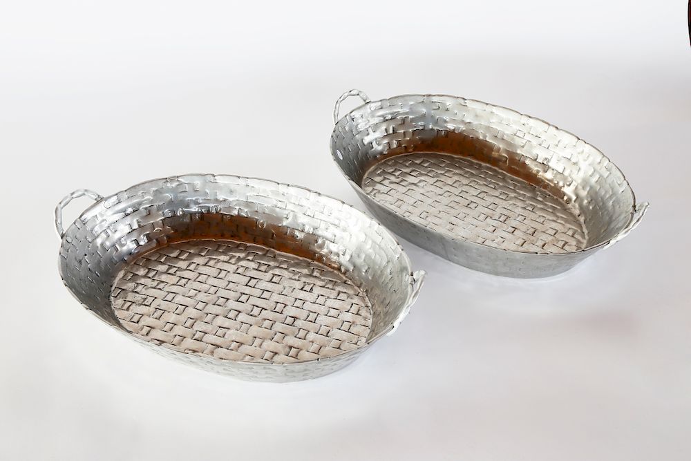 Appraisal: Pair of Polished Aluminum Oval Basket Motif Two-Handle Serving Bowls