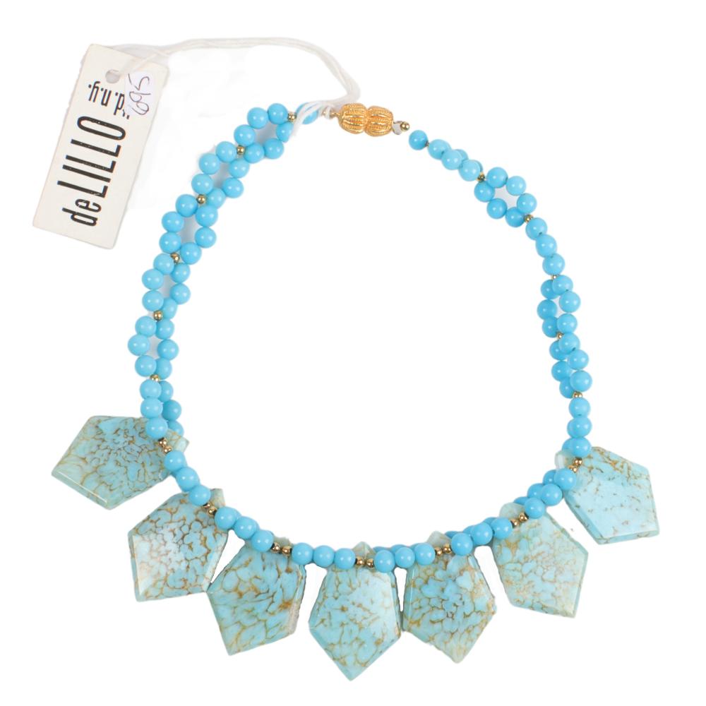 Appraisal: DELILLO WOVEN -STRAND AQUA BEAD COLLAR NECKLACE WITH ART STONE