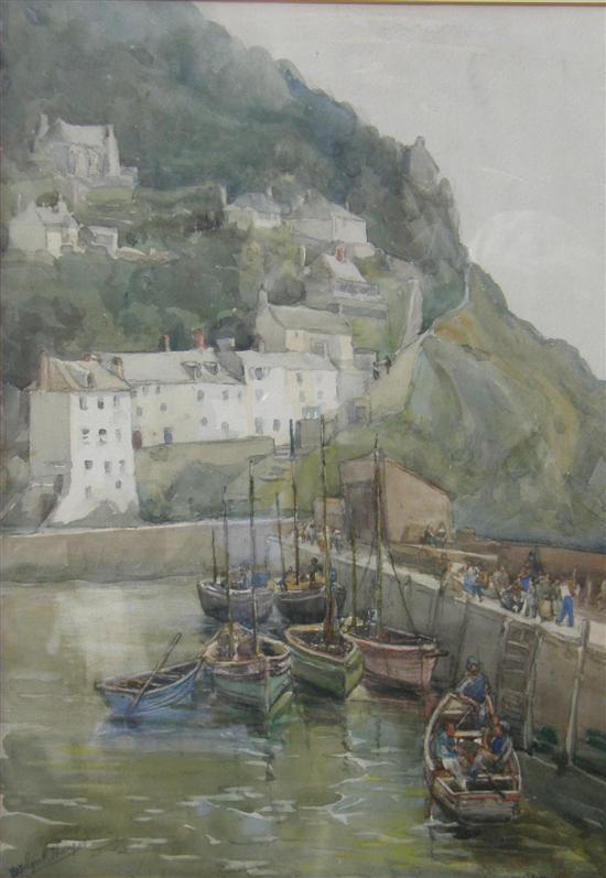 Appraisal: R Thompson watercolour moored boats in harbour with figures signed