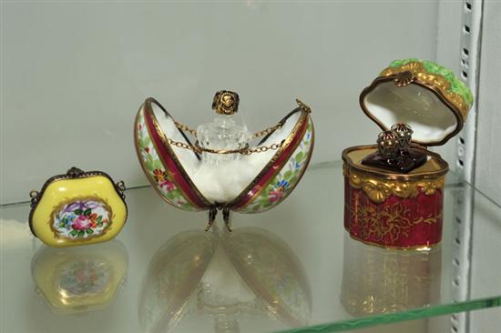 Appraisal: THREE PORCELAIN BOXES A Limoges egg shaped perfume box which