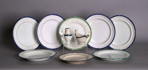 Appraisal: Seven Leeds plates soup bowls together with a pepper pot