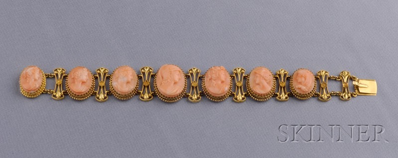 Appraisal: Etruscan Revival kt Gold and Coral Cameo Bracelet the cameos